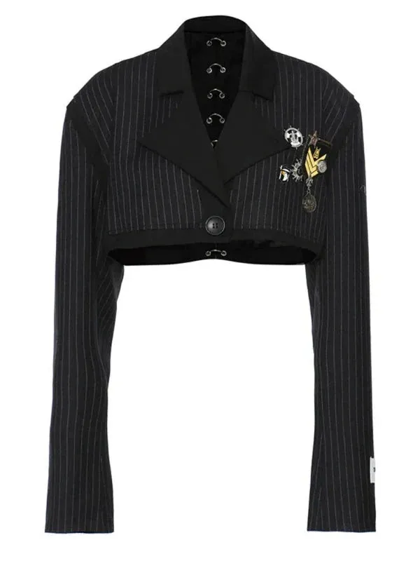 Wenkouban-Winter outfits Christmas Badge Pendant Back Metal Ring Striped Cropped Blazer