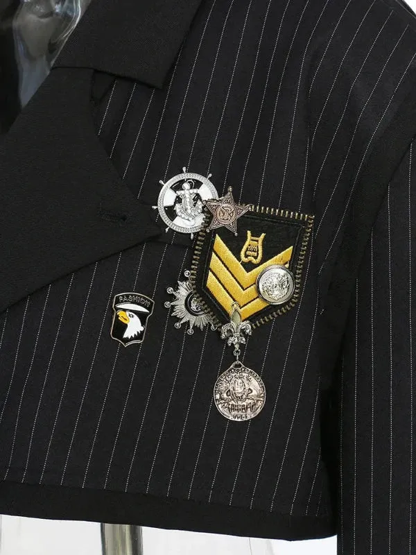 Wenkouban-Winter outfits Christmas Badge Pendant Back Metal Ring Striped Cropped Blazer