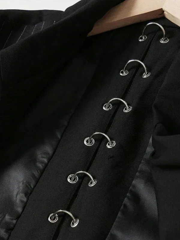 Wenkouban-Winter outfits Christmas Badge Pendant Back Metal Ring Striped Cropped Blazer