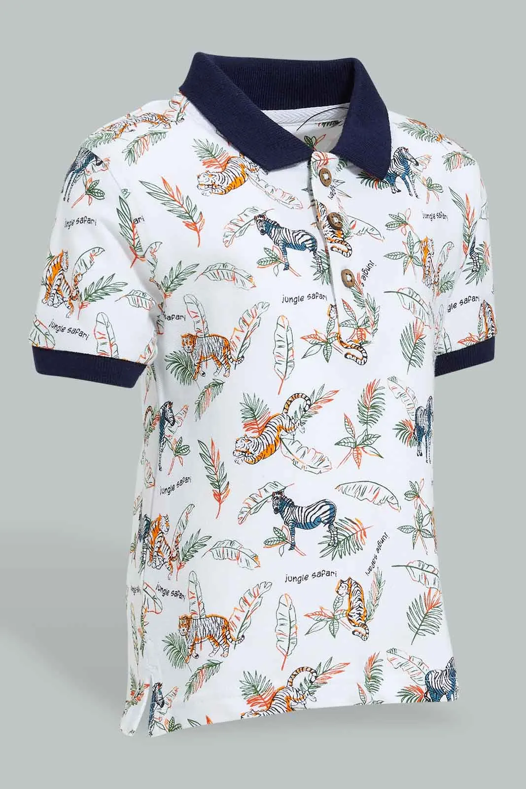 White Safari Animal Print Polo Shirt For Baby Boys