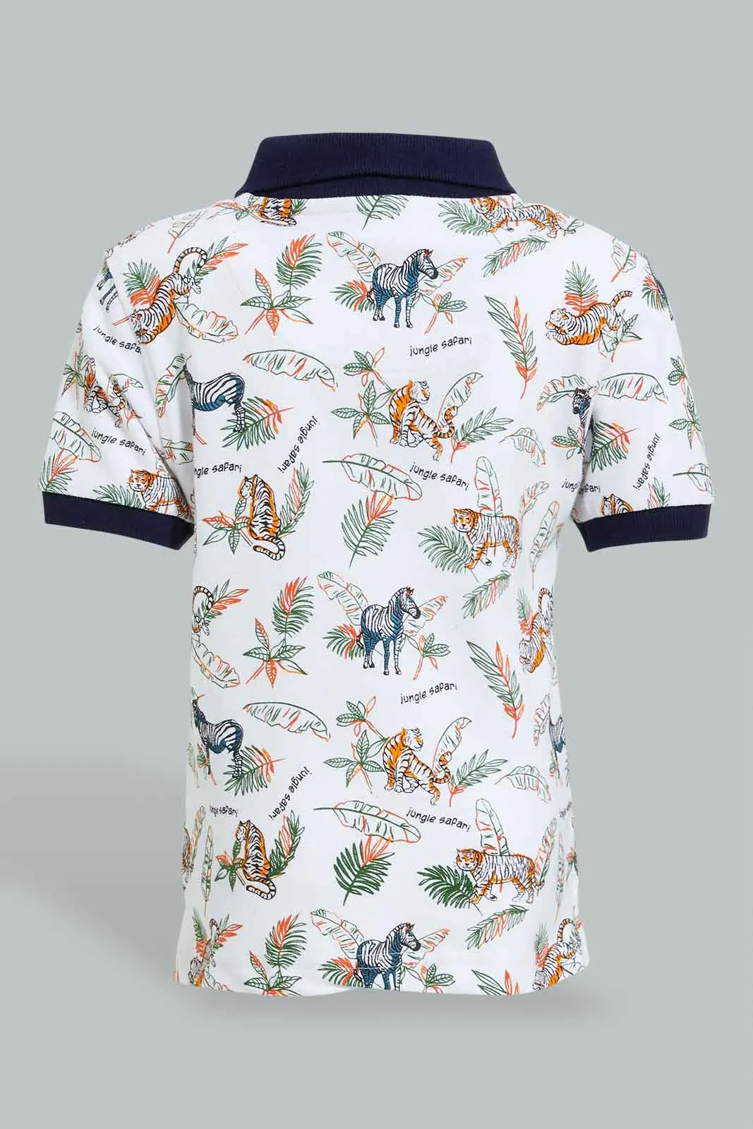 White Safari Animal Print Polo Shirt For Baby Boys
