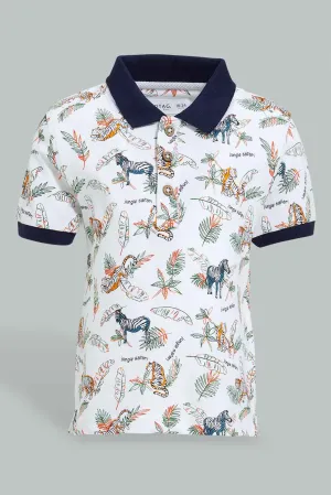 White Safari Animal Print Polo Shirt For Baby Boys