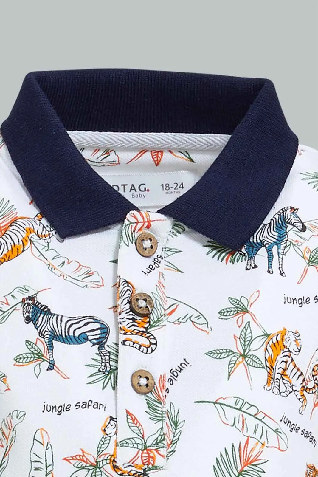White Safari Animal Print Polo Shirt For Baby Boys