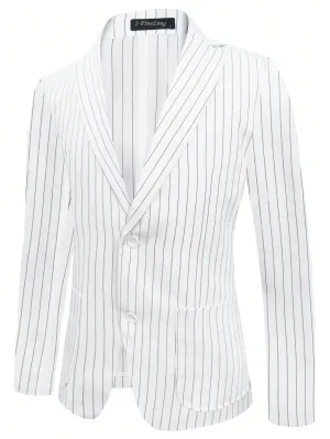 White Striped Print Lapel Neck Single Breasted Blazer