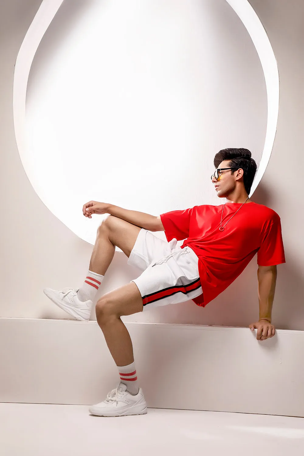 White With Red and Black Stripe Sweat Shorts