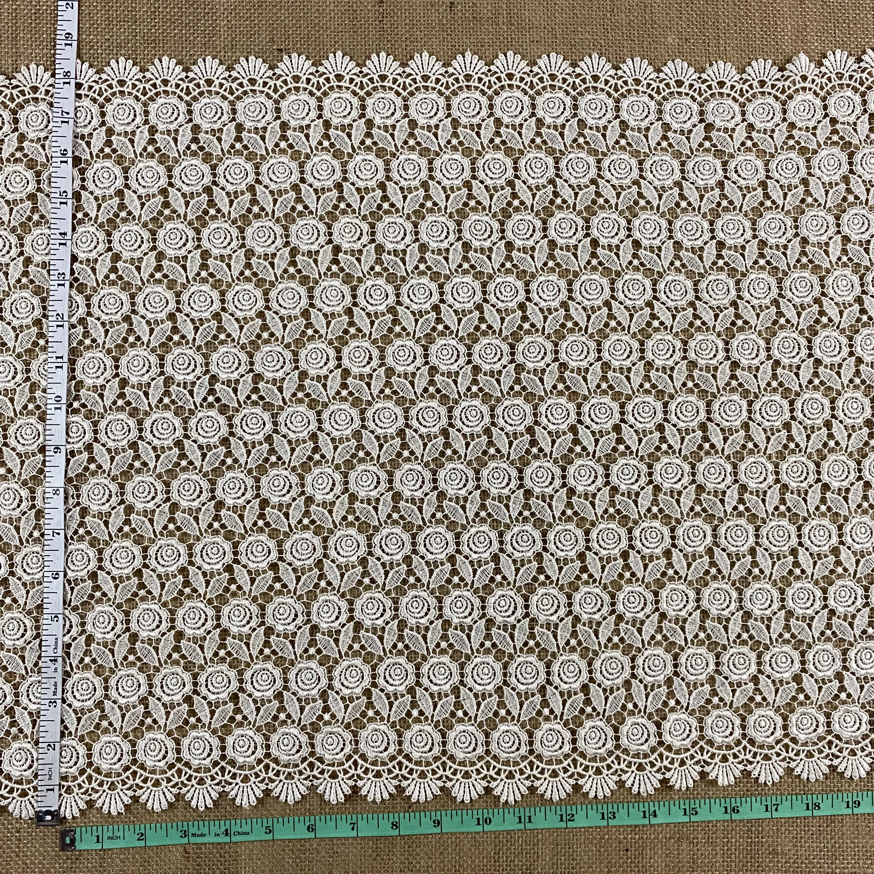 Wide Trim Lace Venise,18" Wide, Ivory, Allover Roses Double Border Symmetrical for Garments Tops Bridal Table Runner Veils Church Head Cover Costume Decoration