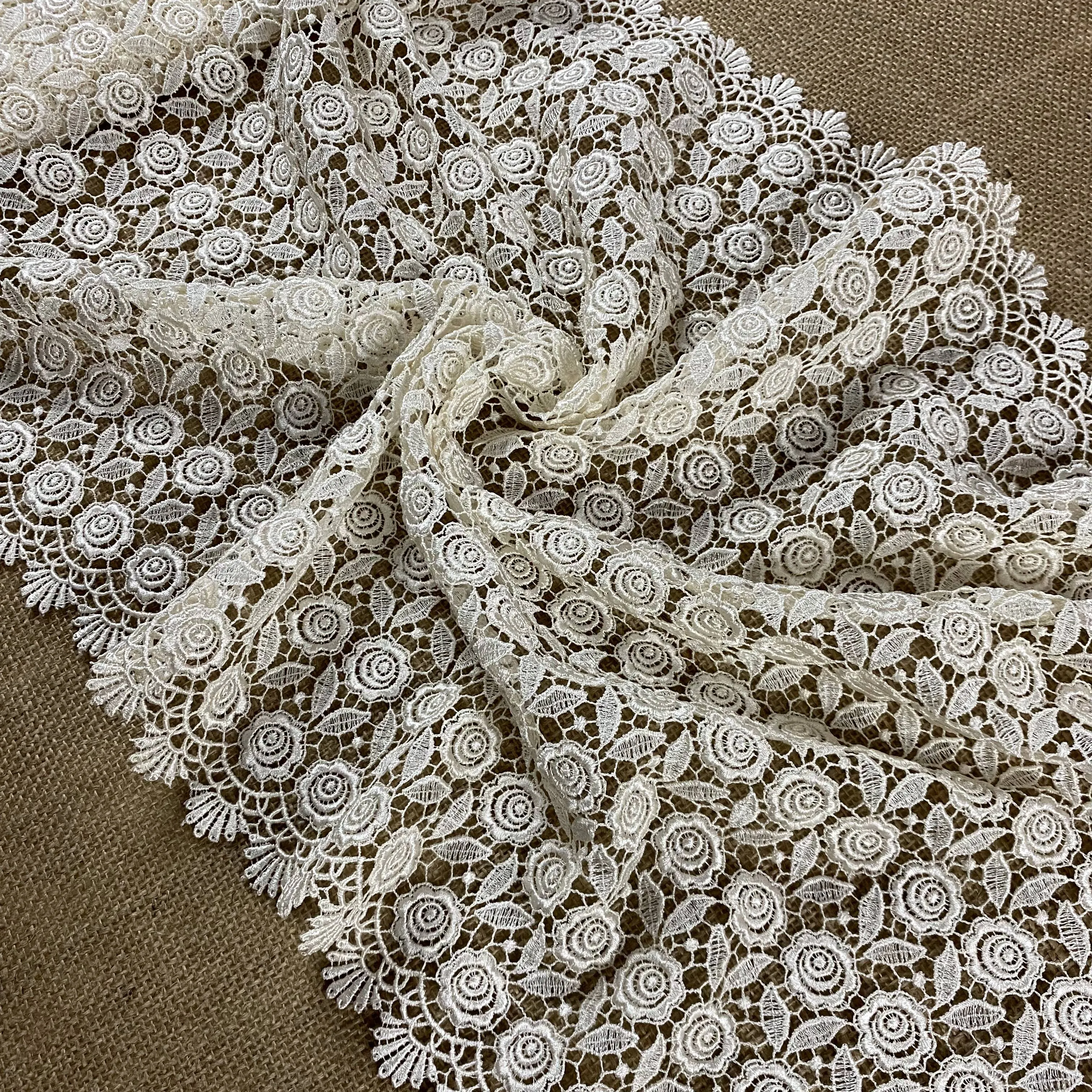 Wide Trim Lace Venise,18" Wide, Ivory, Allover Roses Double Border Symmetrical for Garments Tops Bridal Table Runner Veils Church Head Cover Costume Decoration