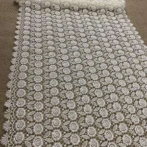 Wide Trim Lace Venise,18" Wide, Ivory, Allover Roses Double Border Symmetrical for Garments Tops Bridal Table Runner Veils Church Head Cover Costume Decoration