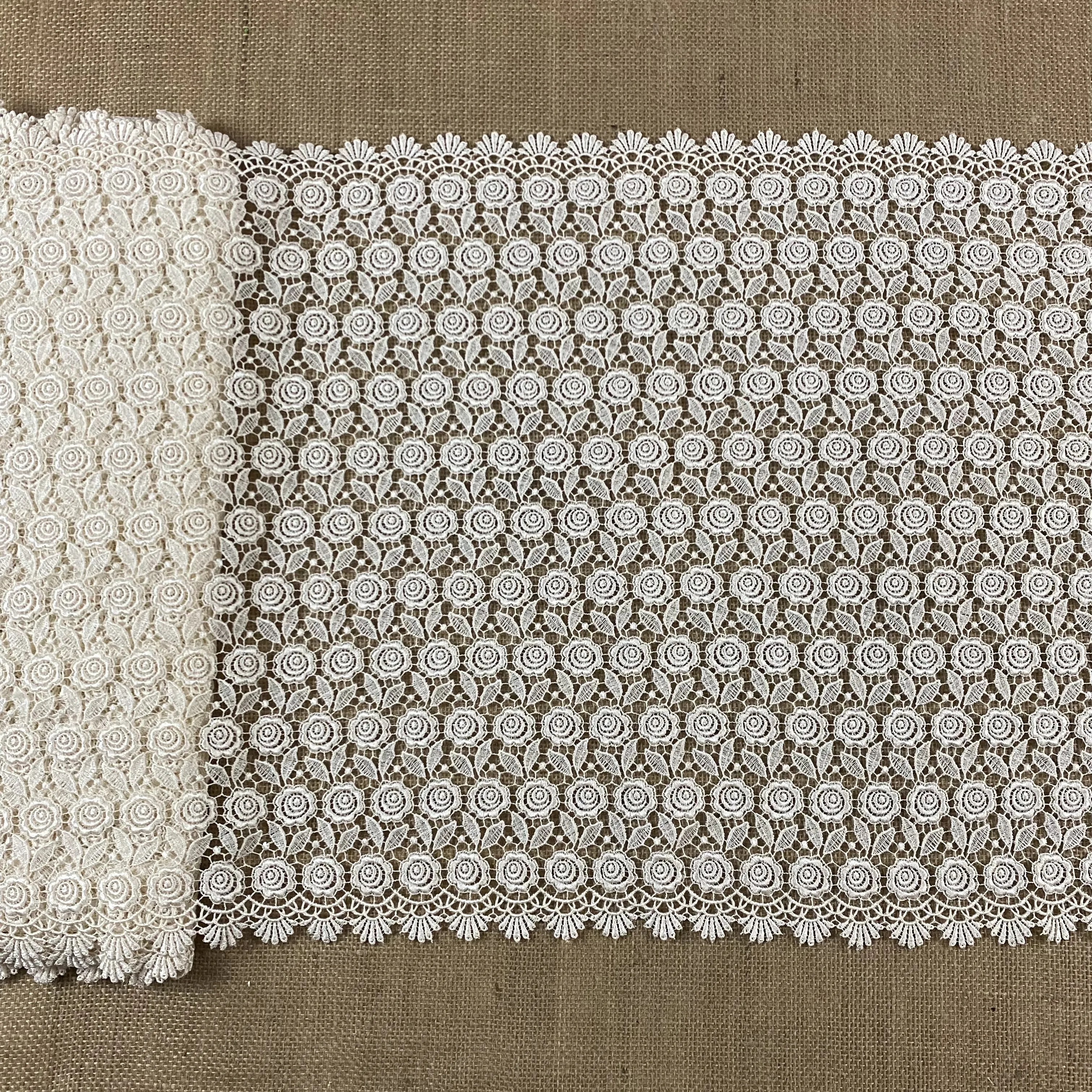 Wide Trim Lace Venise,18" Wide, Ivory, Allover Roses Double Border Symmetrical for Garments Tops Bridal Table Runner Veils Church Head Cover Costume Decoration