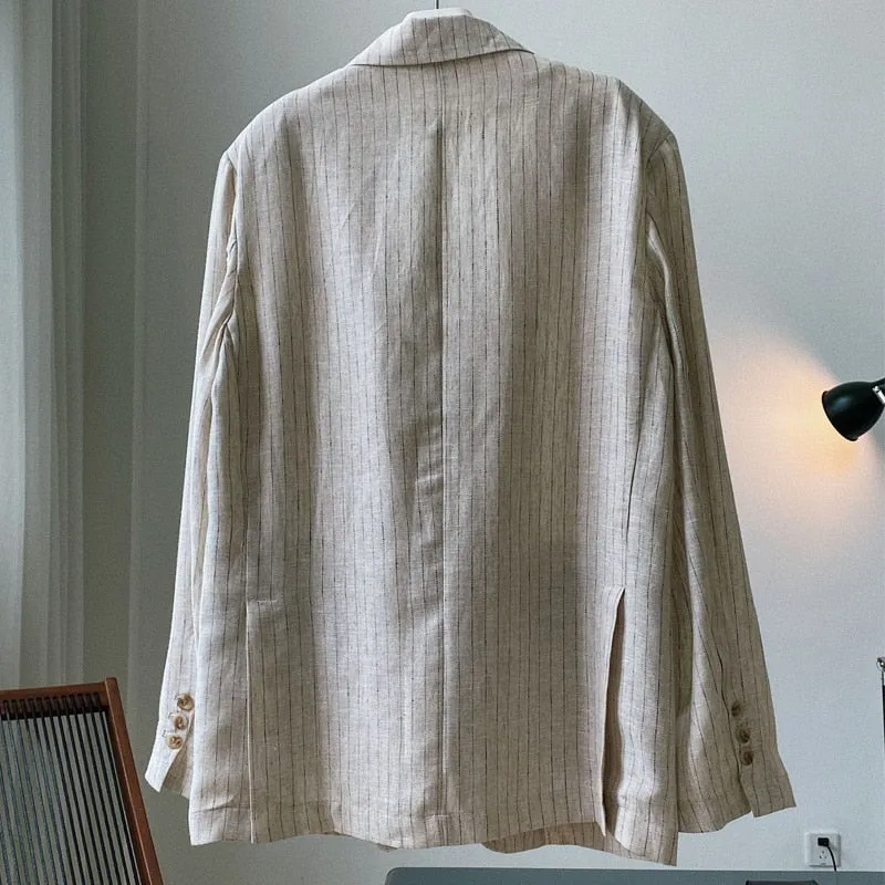 Wjczt Spring Summer Women's Casual Striped Pocket Decorated Loose Jacket blazer