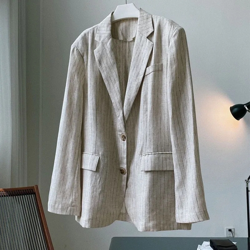 Wjczt Spring Summer Women's Casual Striped Pocket Decorated Loose Jacket blazer