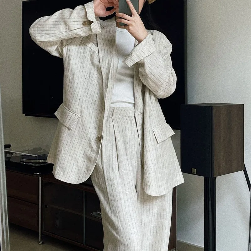 Wjczt Spring Summer Women's Casual Striped Pocket Decorated Loose Jacket blazer