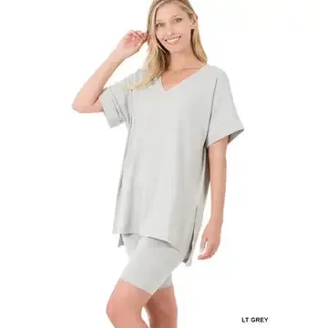 Women Brushed Dty, Microfiber Top & Biker Shorts Set, Color BONE