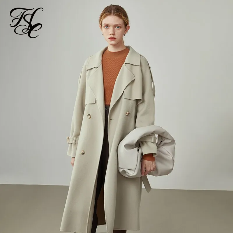 Women Windbreaker-style Double Breasted Wool Coat Mid-length Suit Collar Orange Woolen Jackets Apricot Commuter Coats