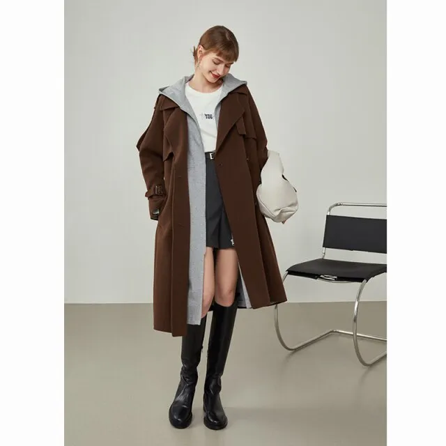Women Windbreaker-style Double Breasted Wool Coat Mid-length Suit Collar Orange Woolen Jackets Apricot Commuter Coats