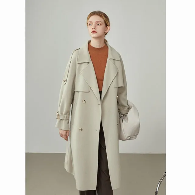 Women Windbreaker-style Double Breasted Wool Coat Mid-length Suit Collar Orange Woolen Jackets Apricot Commuter Coats
