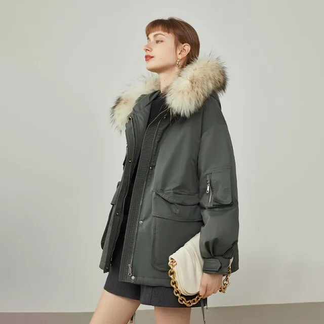Women Winter Tooling Three-dimensional Pocket Down Jacket Removable Fur Collar Khaki Jacket Commuter Green Short Coat