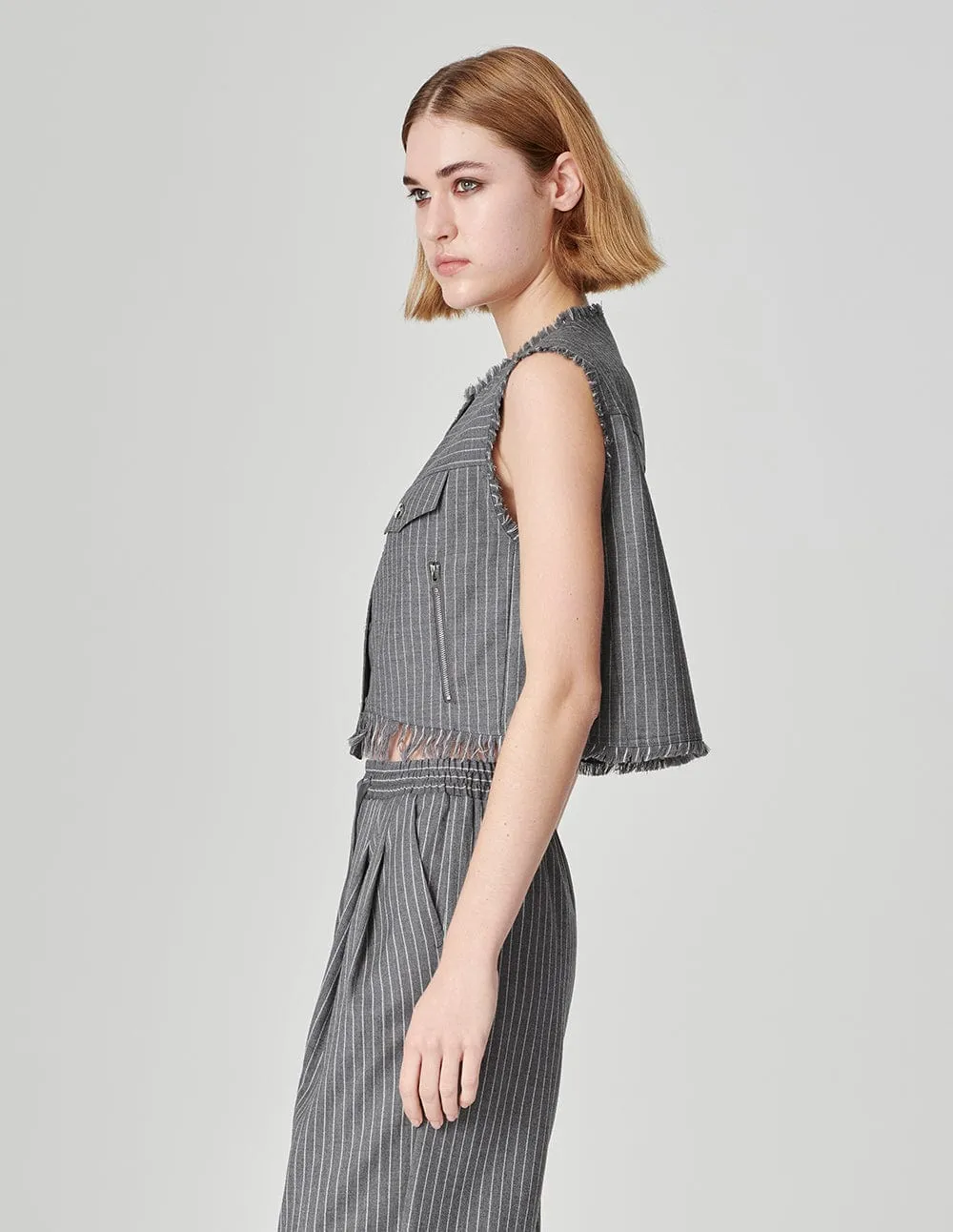 Women's Grey Striped Wool Frayed Vest