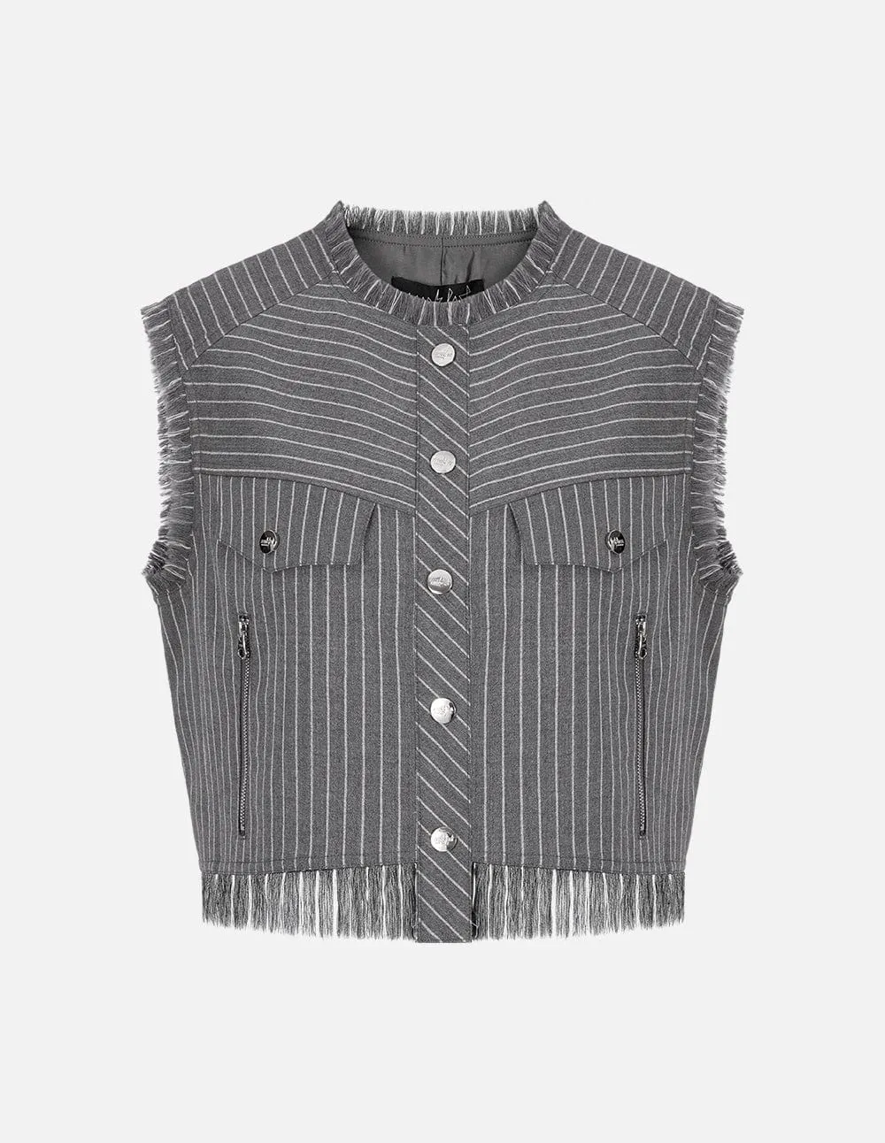 Women's Grey Striped Wool Frayed Vest