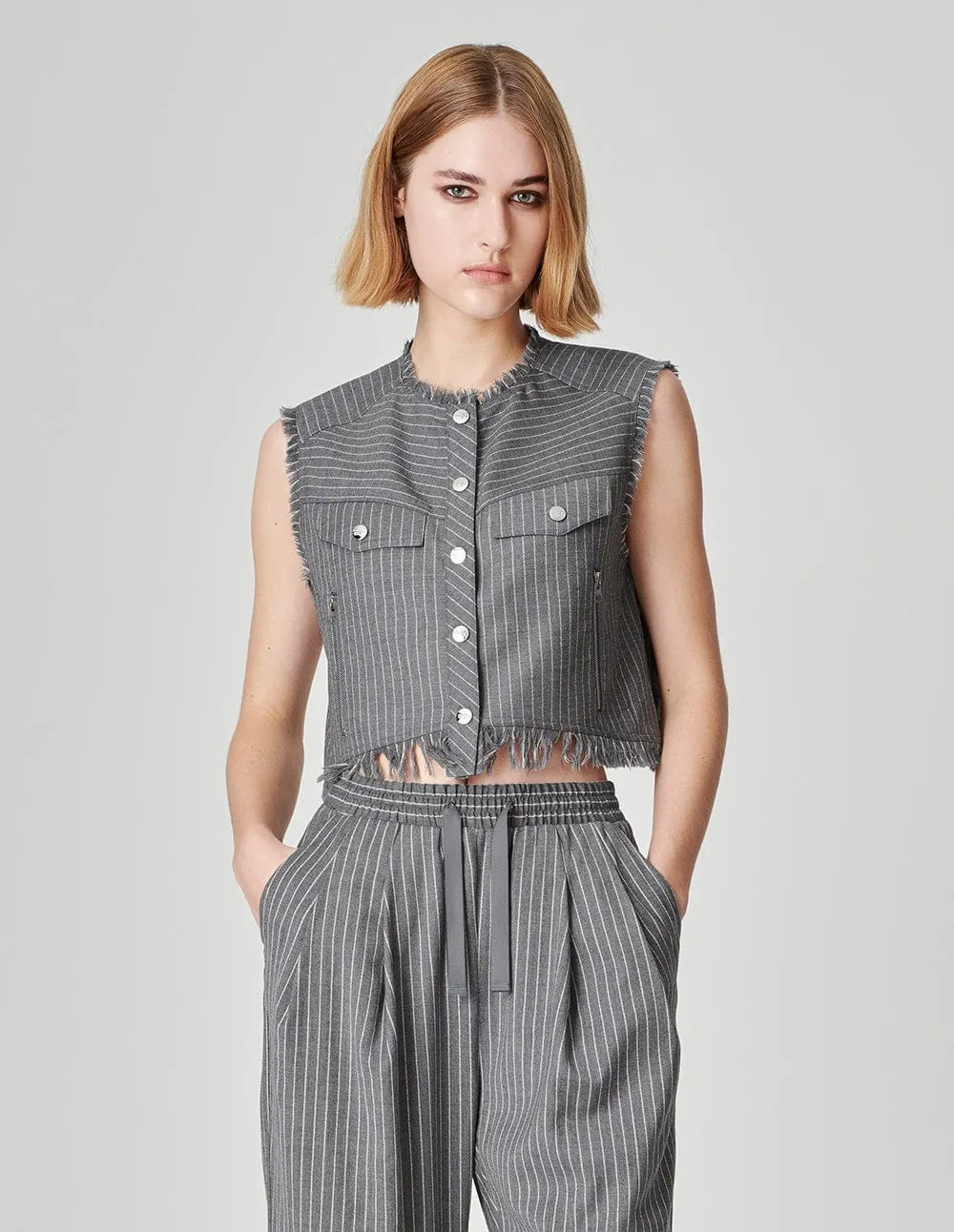 Women's Grey Striped Wool Frayed Vest