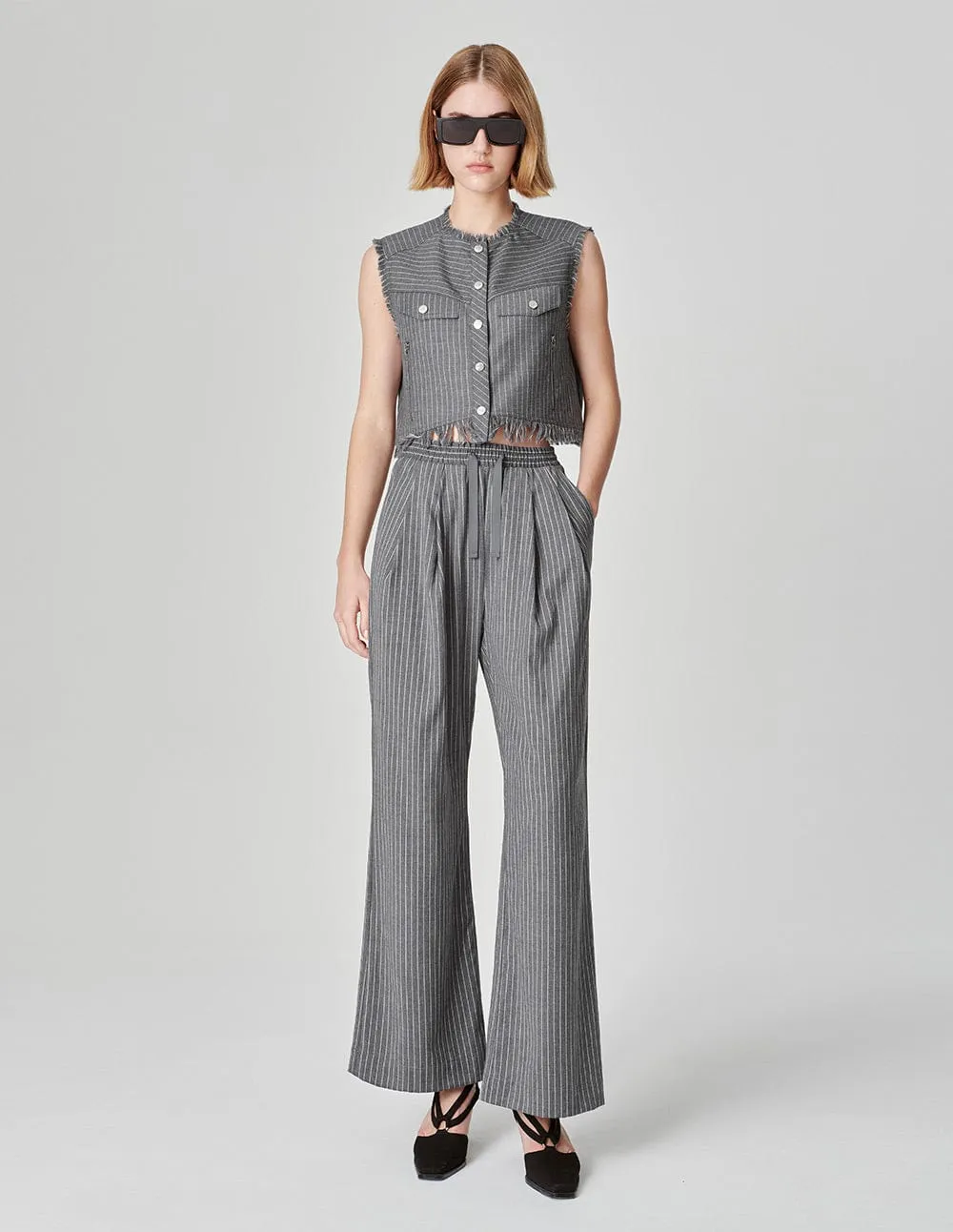 Women's Grey Striped Wool Frayed Vest