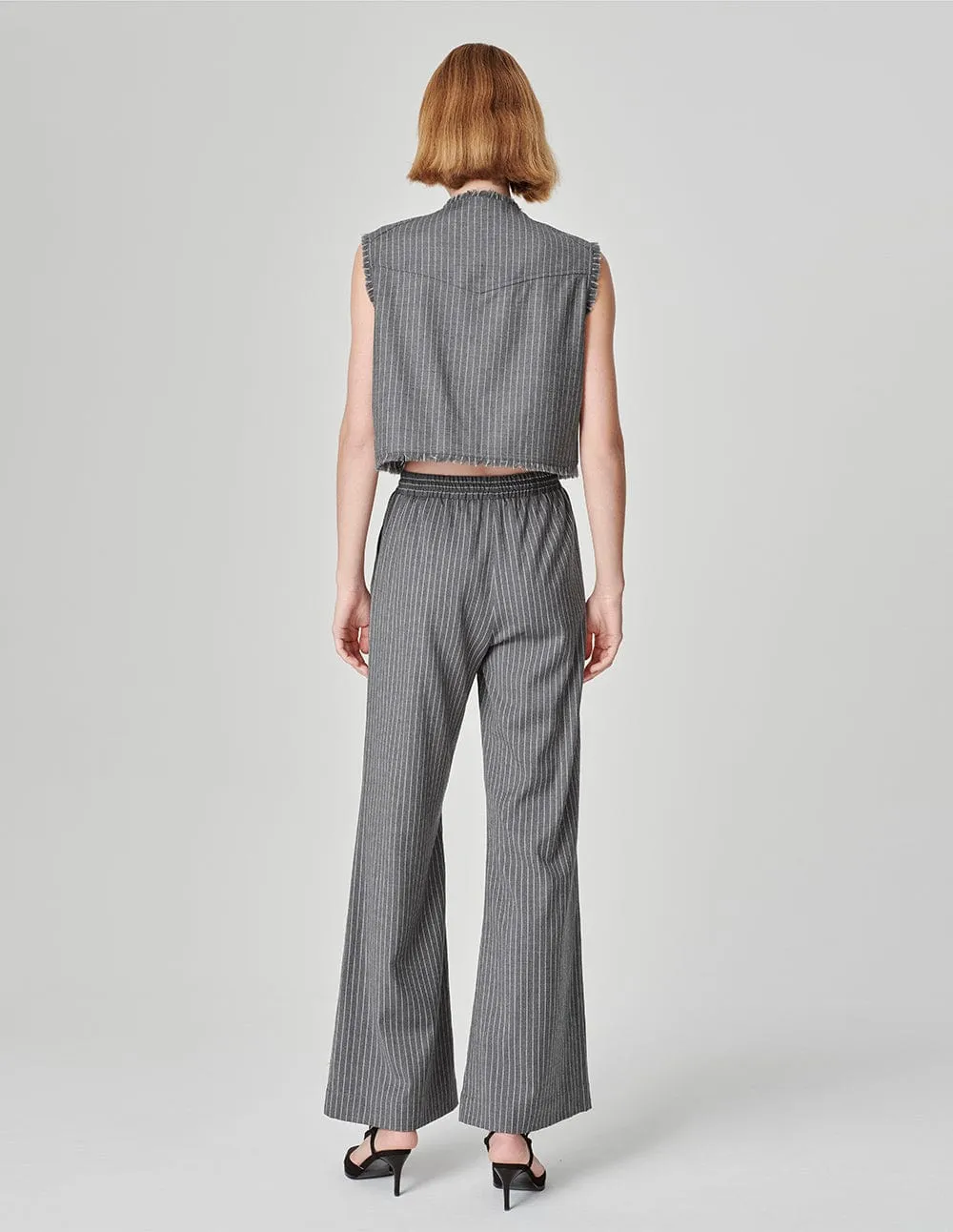 Women's Grey Striped Wool Frayed Vest