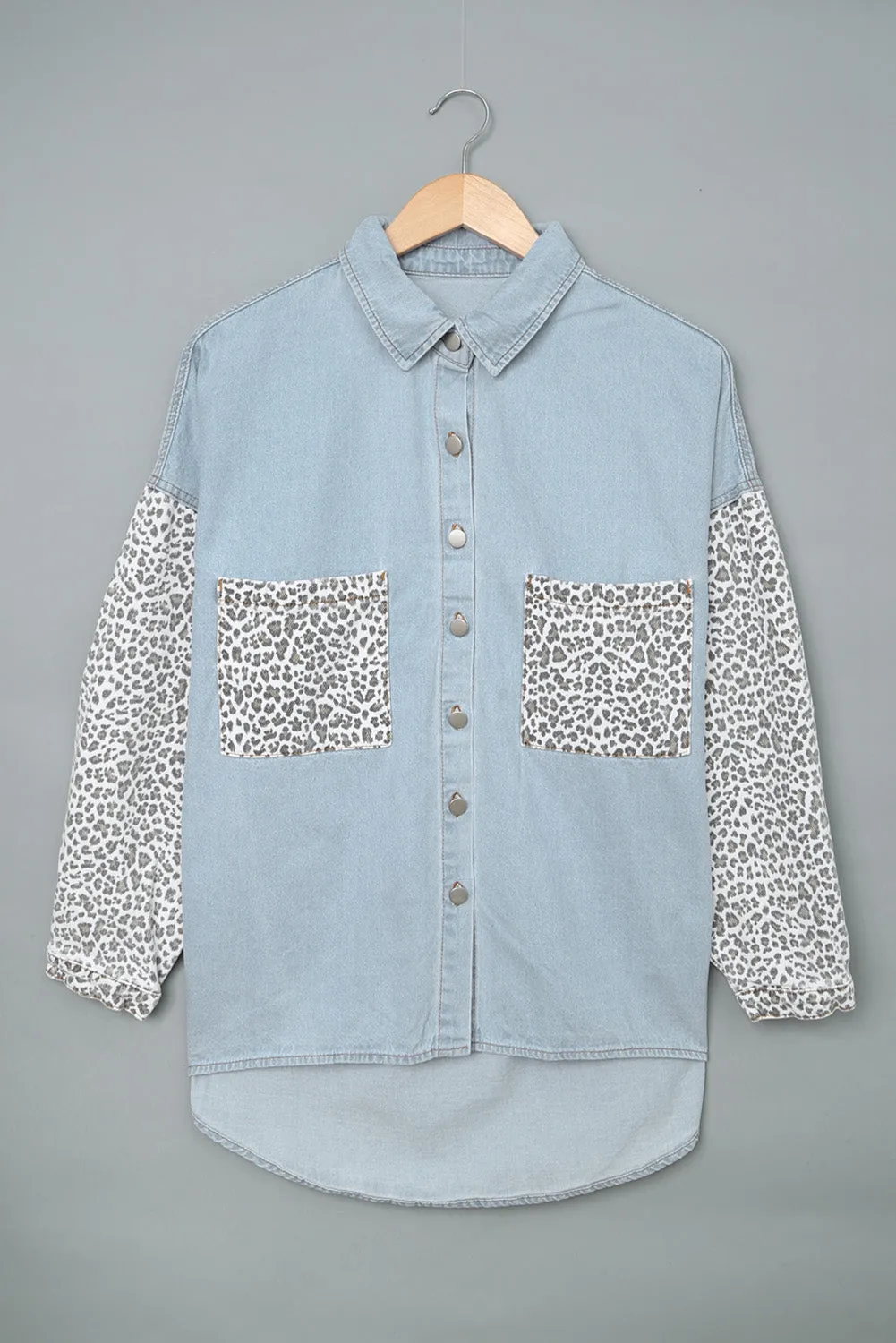 Women's Sky Blue Contrast Leopard Denim Jacket