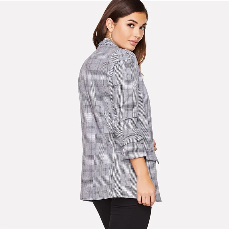 Women's Spring/Autumn Regular Plaid Slim Fit Blazer With Shawl Collar