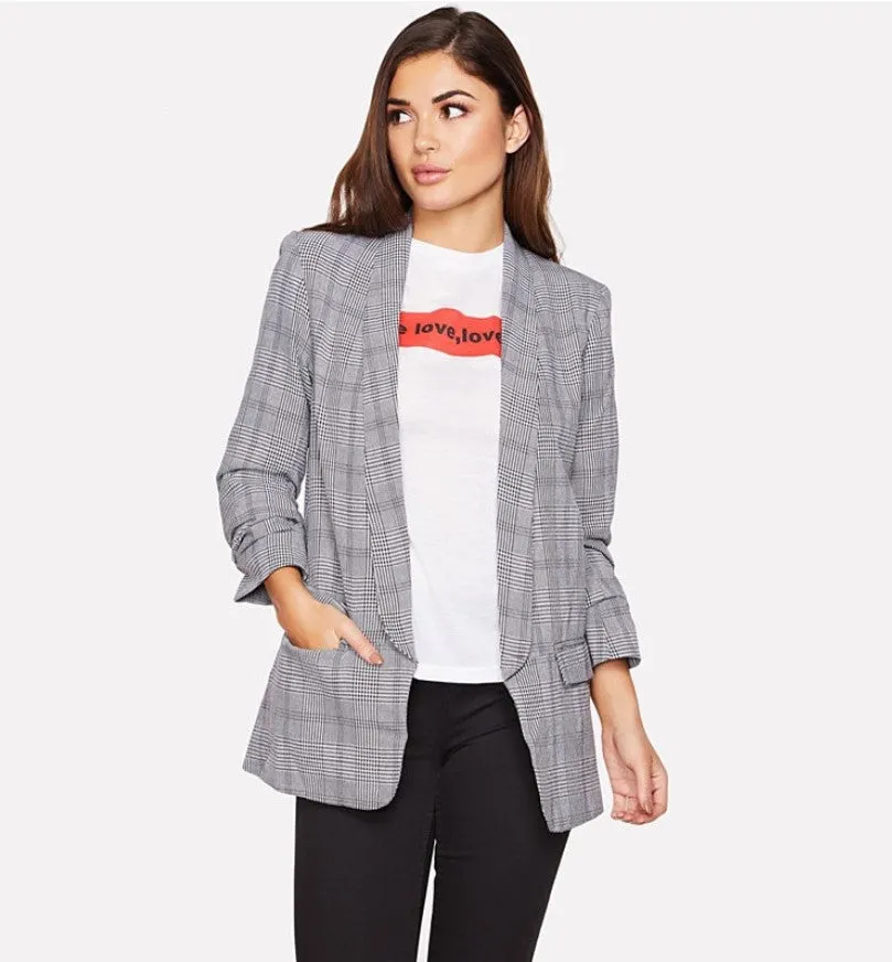 Women's Spring/Autumn Regular Plaid Slim Fit Blazer With Shawl Collar