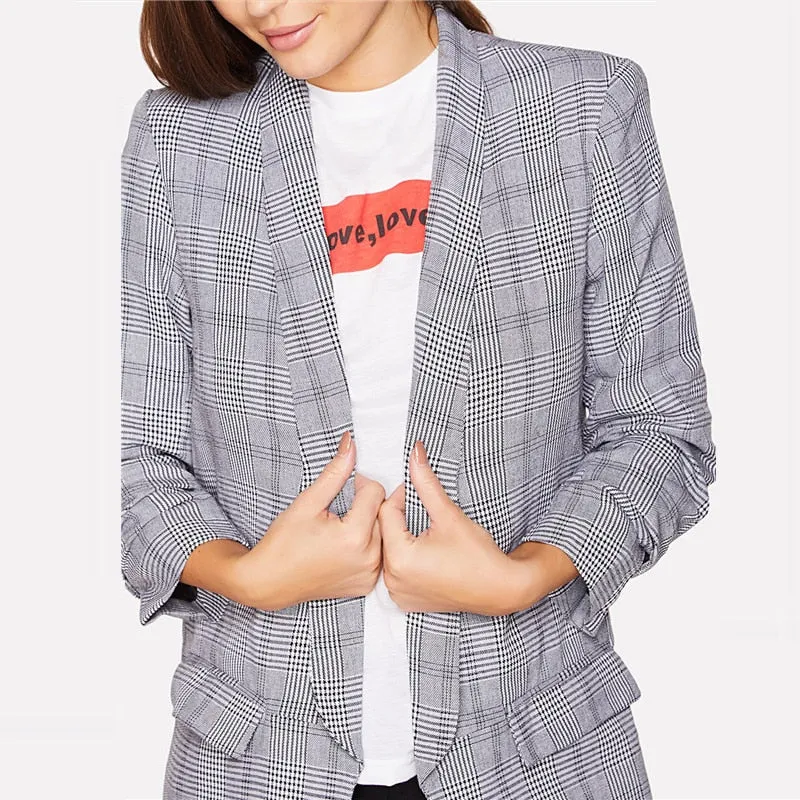 Women's Spring/Autumn Regular Plaid Slim Fit Blazer With Shawl Collar