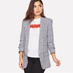 Women's Spring/Autumn Regular Plaid Slim Fit Blazer With Shawl Collar