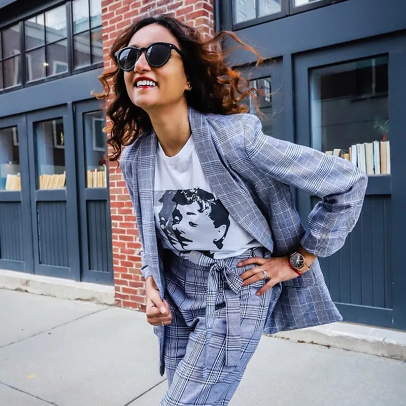Women's Spring/Autumn Regular Plaid Slim Fit Blazer With Shawl Collar