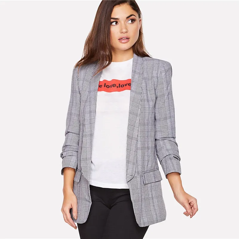 Women's Spring/Autumn Regular Plaid Slim Fit Blazer With Shawl Collar