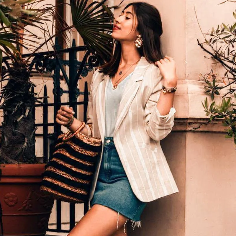 Women's Spring/Summer Casual Polyester Striped Blazer