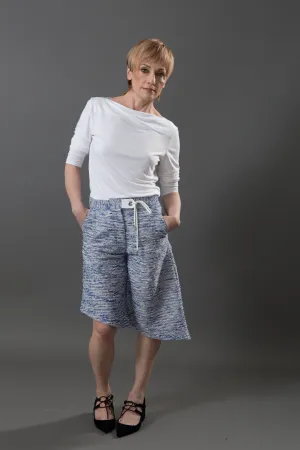 Women's Uneven Hem Tweed Shorts with Front Tab, Eyelet, Cord, & Pockets