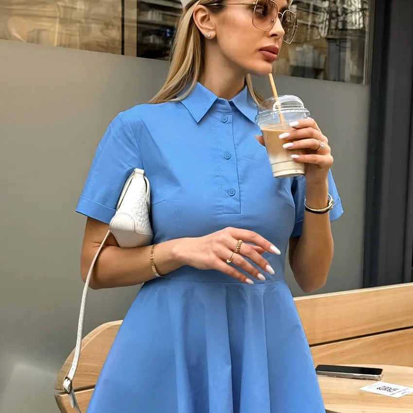 XAKXX Spring and summer casual vitality blue lapel short sleeves slim fit sexy design dress 2025 niche commuter skirt