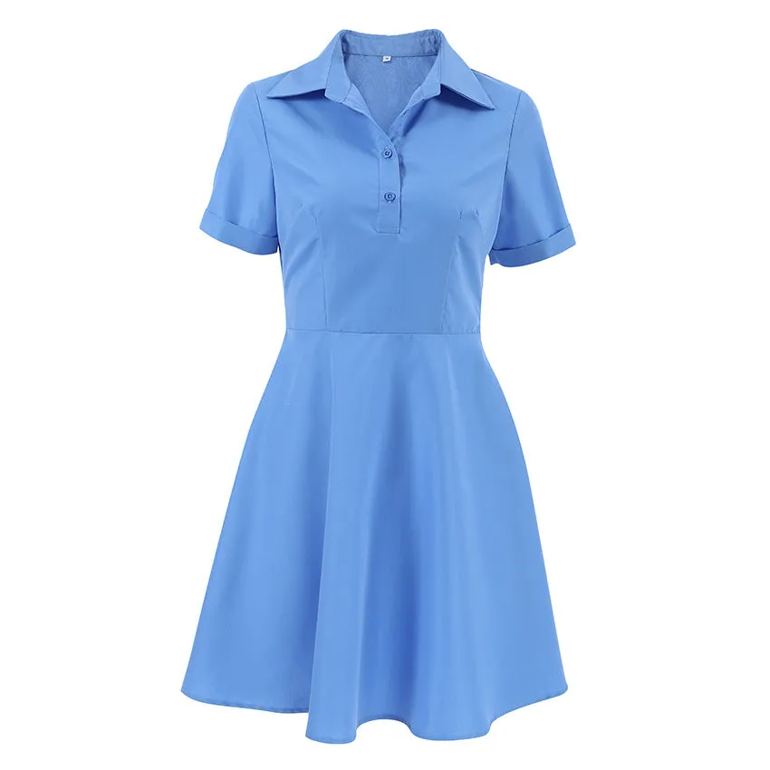 XAKXX Spring and summer casual vitality blue lapel short sleeves slim fit sexy design dress 2025 niche commuter skirt