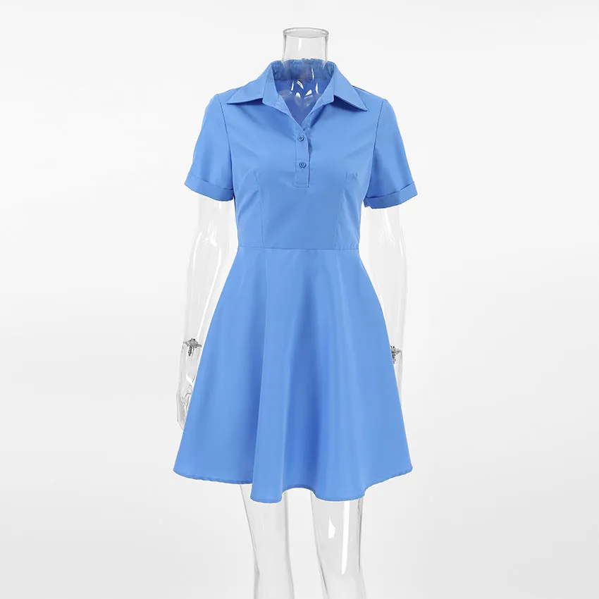 XAKXX Spring and summer casual vitality blue lapel short sleeves slim fit sexy design dress 2025 niche commuter skirt