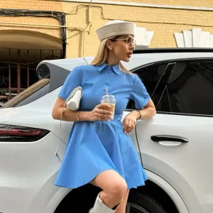 XAKXX Spring and summer casual vitality blue lapel short sleeves slim fit sexy design dress 2025 niche commuter skirt