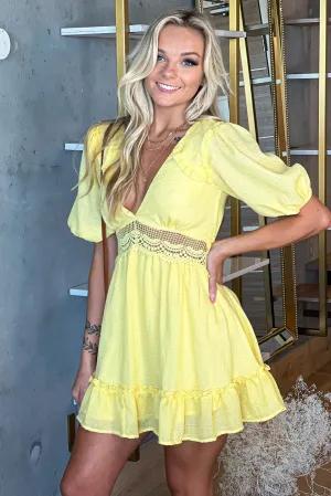 Yellow Short Dress With Crochet Trim
